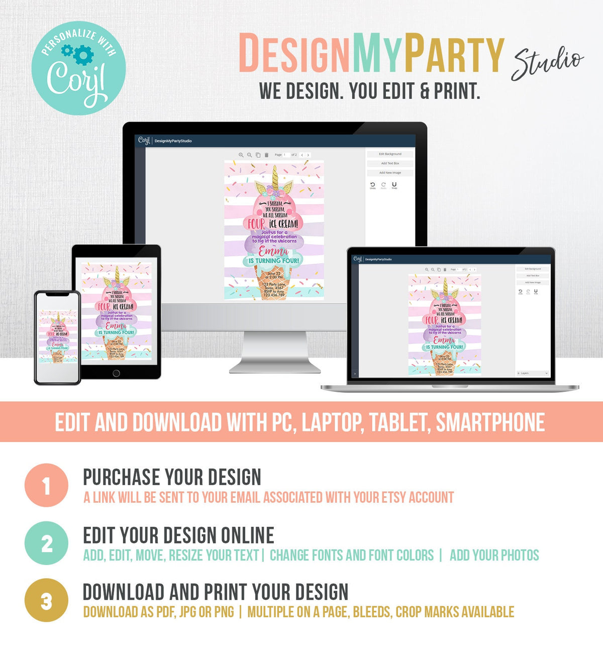 Editable Unicorn Ice Cream Birthday Invitation 4th Birthday Party Here's the Scoop Cone Rainbow Magical fourth Printable Template Corjl 0243