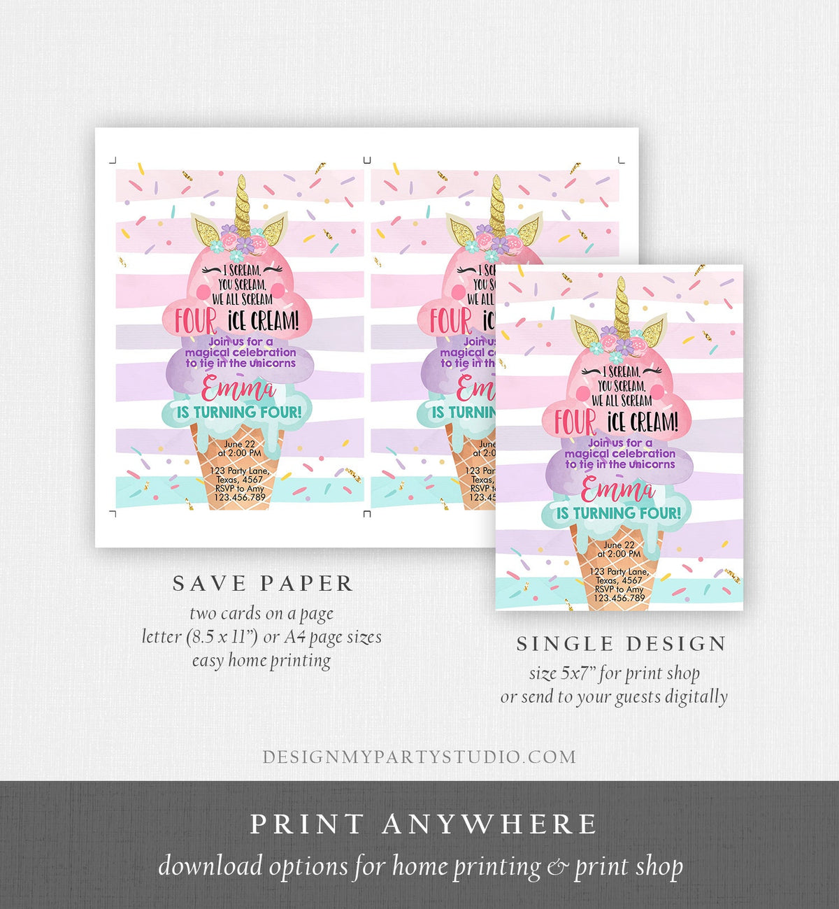 Editable Unicorn Ice Cream Birthday Invitation 4th Birthday Party Here's the Scoop Cone Rainbow Magical fourth Printable Template Corjl 0243