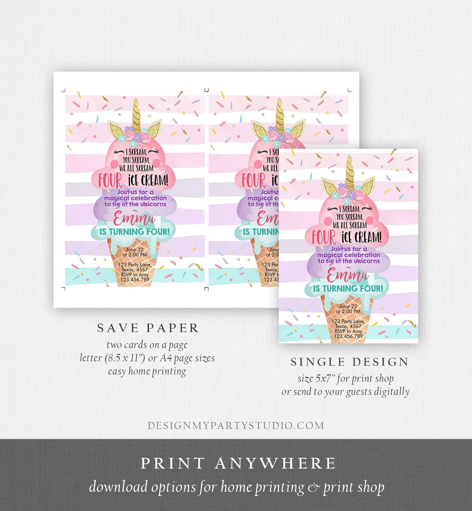 Editable Unicorn Ice Cream Birthday Invitation 4th Birthday Party Here's the Scoop Cone Rainbow Magical fourth Printable Template Corjl 0243