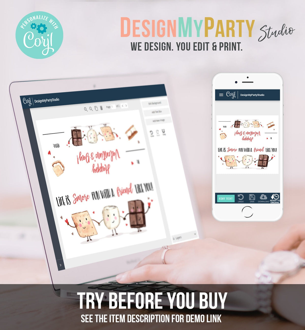 Editable Valentine Treat Bag Toppers Smores Valentine Cards For Kids Valentines Smore Treat Tags Download Printable Corjl Template 0370