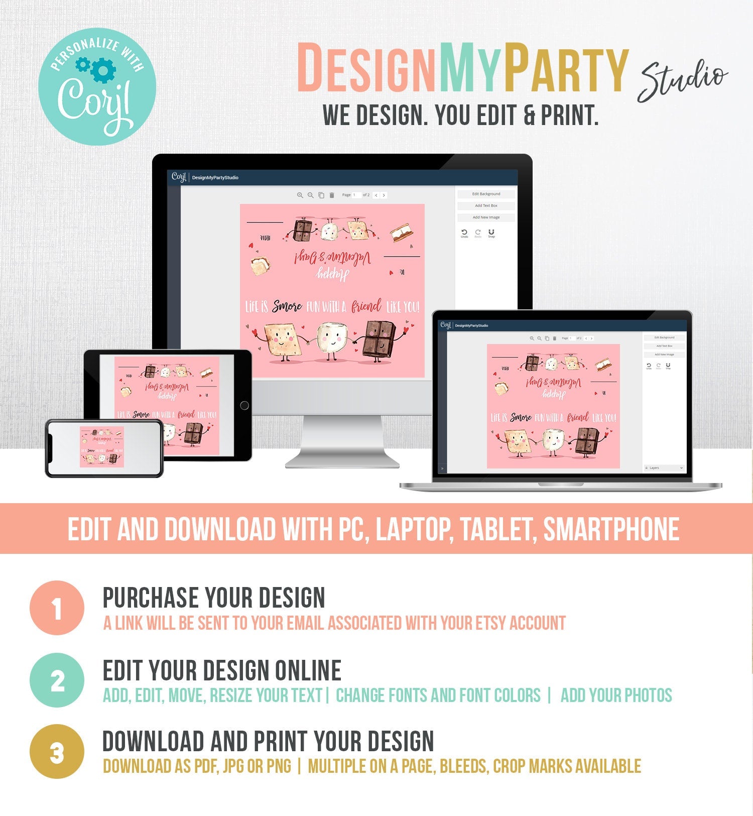 Editable Valentine Treat Bag Toppers Smores Valentine Cards For Kids Valentines Smore Treat Tags Download Printable Corjl Template 0370