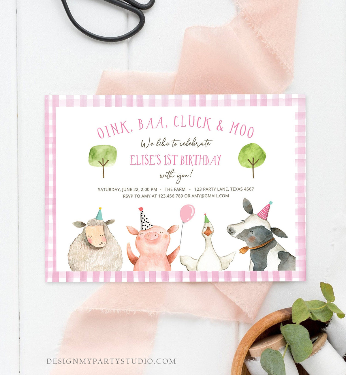 Editable Farm Birthday Invitation Girl Farm Animals Pink Floral Barnyard Party Download Printable Invitation Template Digital Corjl 0155