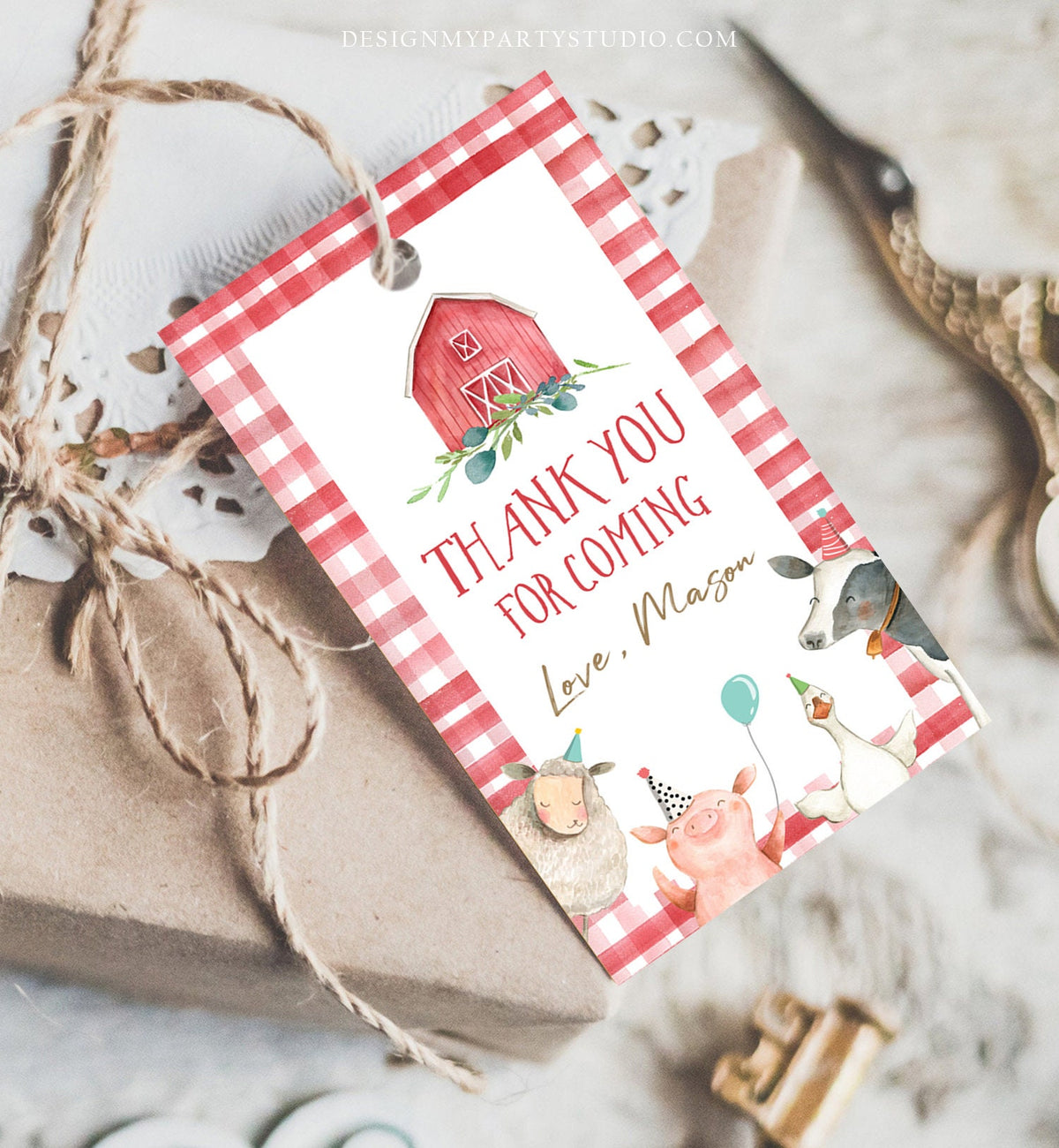 Editable Farm Animals Favor Tag Boy Farm Birthday Thank You Tag Red Barn Gingham Gift Tag Digital Download Template Printable 0155
