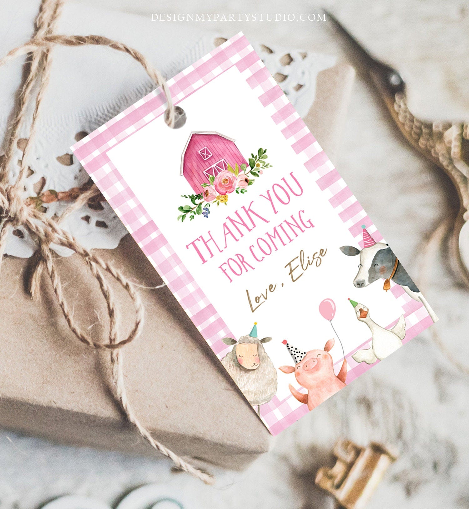Editable Farm Favor Tags Tags Pink Farm Birthday Thank you tags Barnyard Gift Tag Girl Birthday Old McDonald Digital Template Printable 0155