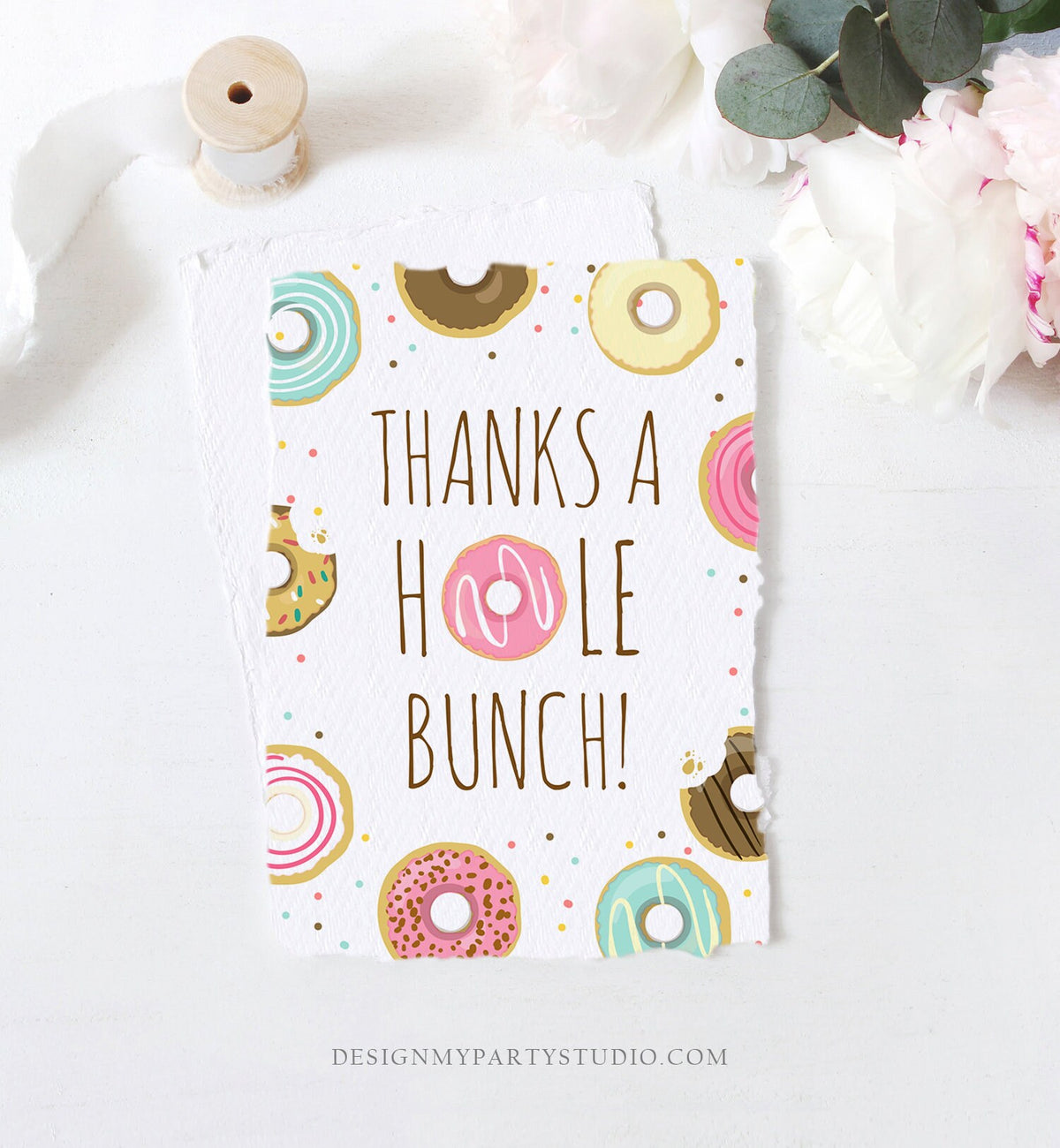 Editable Donut Thank You Card Note Pink Girl Birthday Party Doughnut Thank You Photo Sweet First Birthday 1st Corjl Template Printable 0050