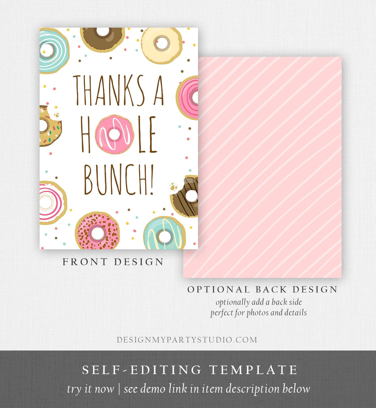 Editable Donut Thank You Card Note Pink Girl Birthday Party Doughnut Thank You Photo Sweet First Birthday 1st Corjl Template Printable 0050