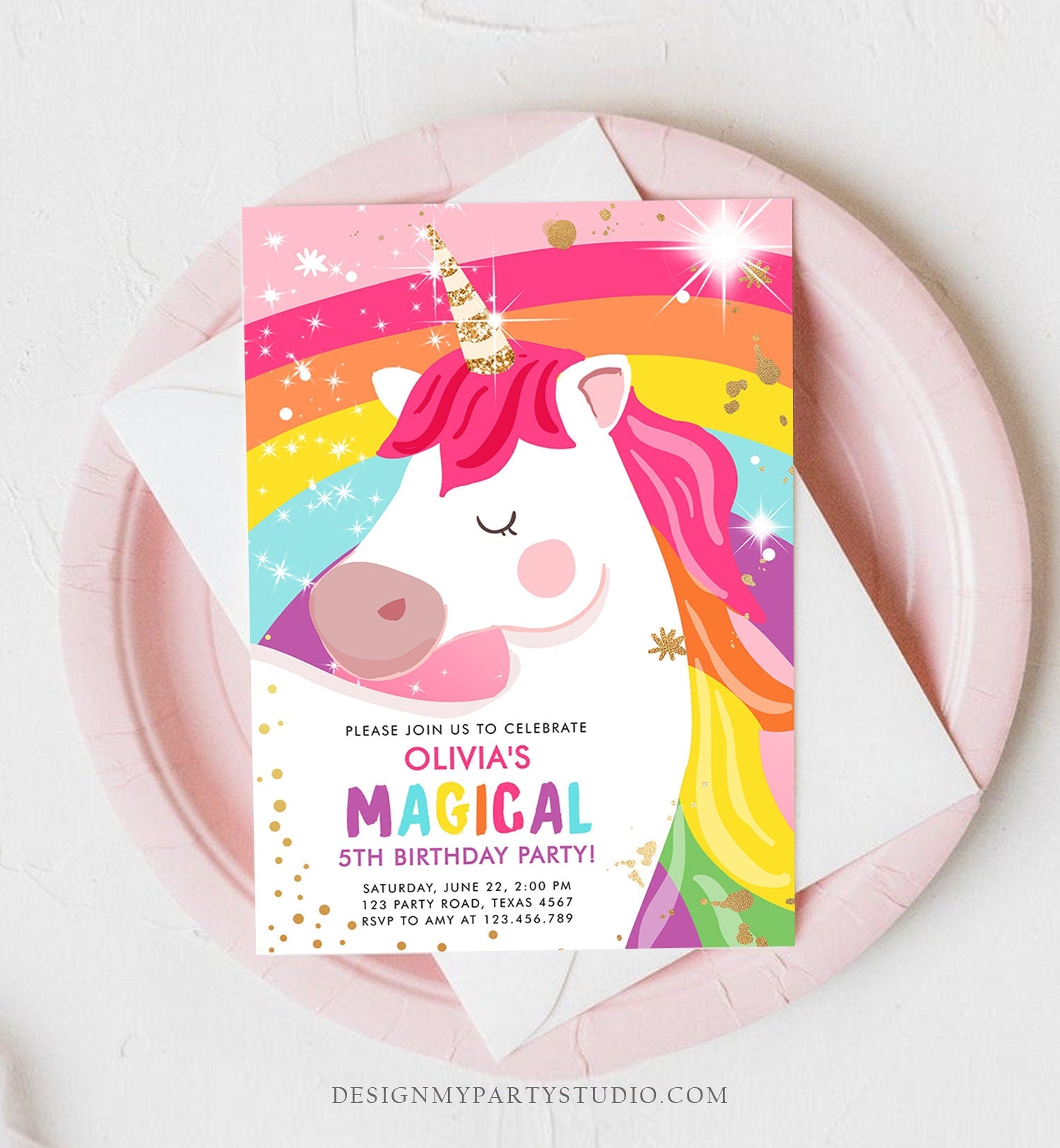 Editable Unicorn Birthday Invitation Magical Unicorn Party Girl Pink Gold Unicorn Invite Rainbow Printable Corjl Template Digital 0323