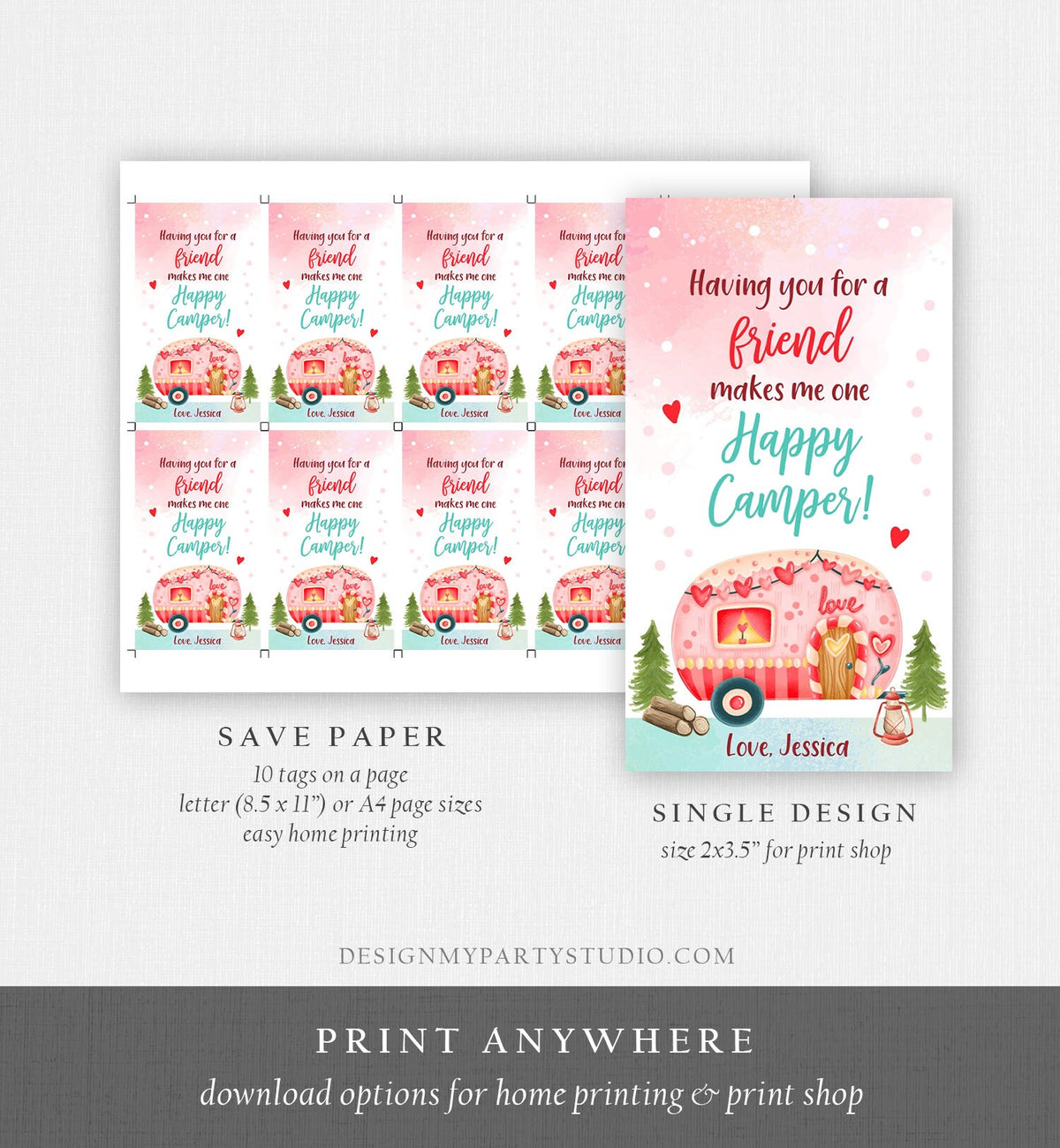 Editable Valentine Tags for Kids Valentine Happy Camper Tags Valentine&#39;s Day School Class Printable Personalized Digital PRINTABLE 0370