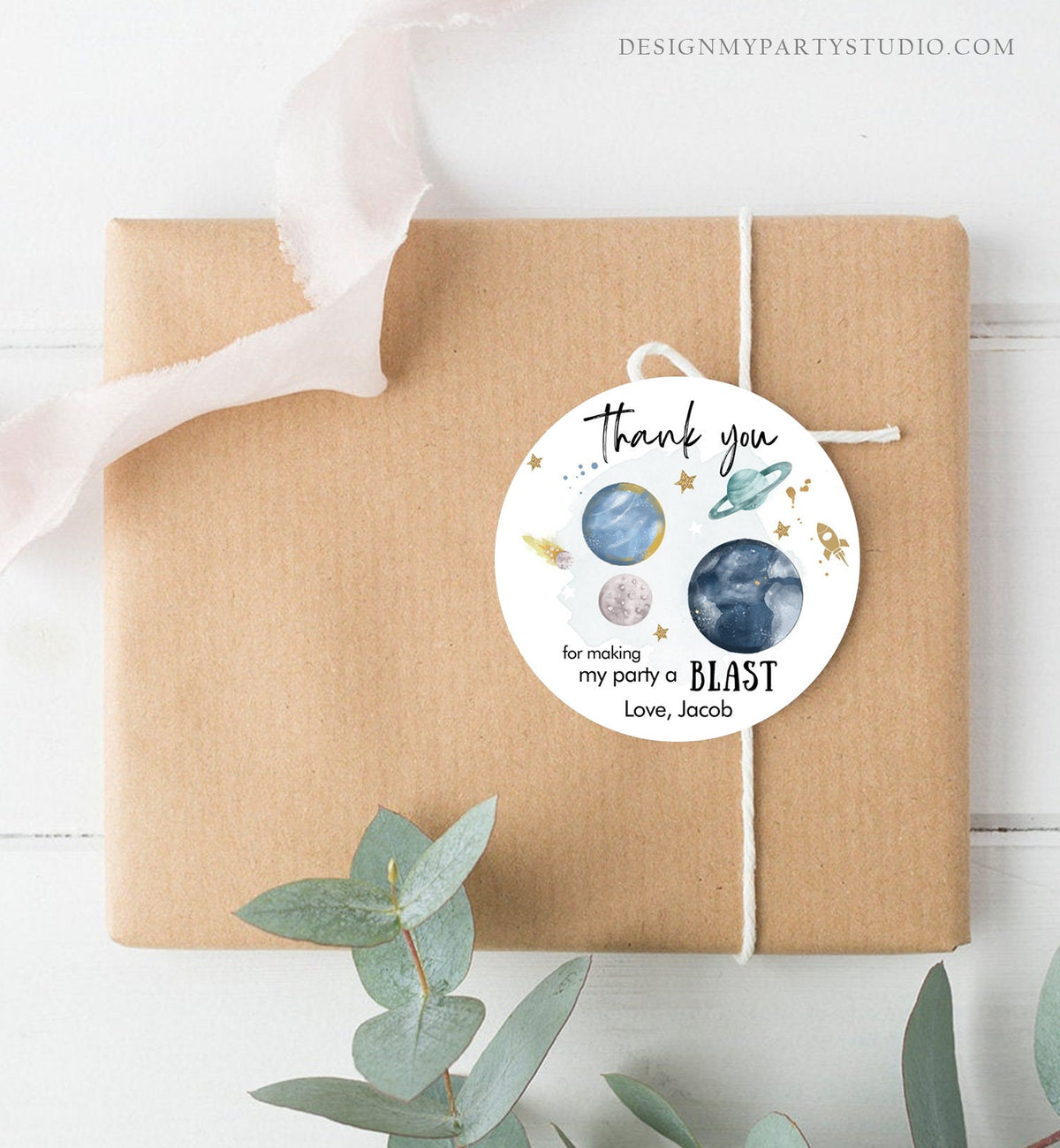 Editable Outer Space Favor Tags Space Birthday Thank you Sticker Galaxy Gift tags Trip Around the Sun Planets Template Corjl PRINTABLE 0357