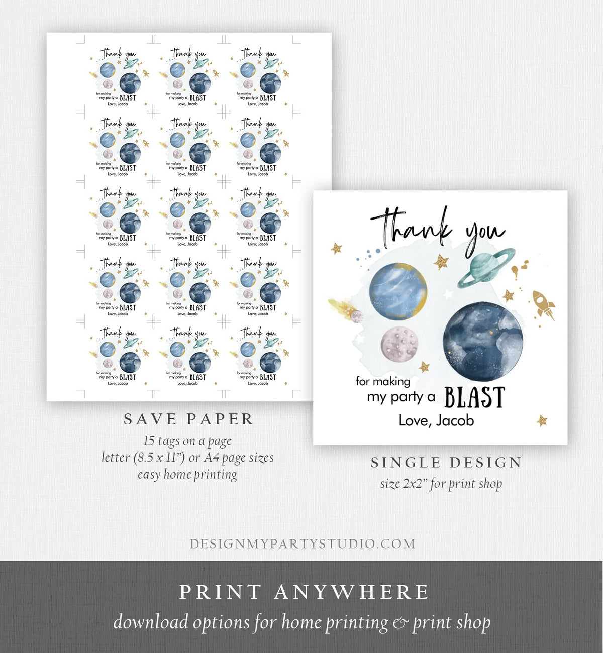 Editable Outer Space Favor Tags Space Birthday Thank you Sticker Galaxy Gift tags Trip Around the Sun Planets Template Corjl PRINTABLE 0357