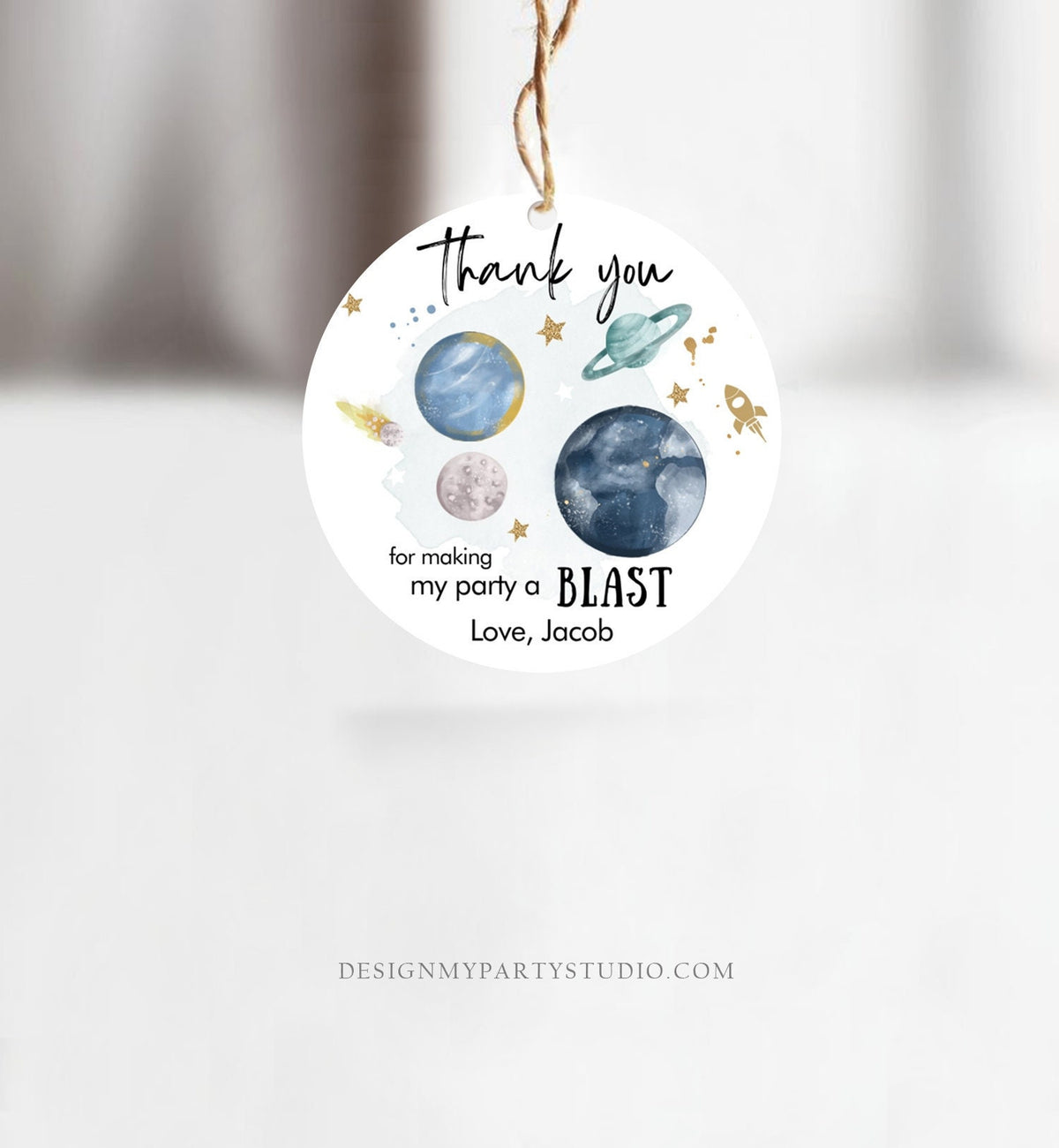 Editable Outer Space Favor Tags Space Birthday Thank you Sticker Galaxy Gift tags Trip Around the Sun Planets Template Corjl PRINTABLE 0357