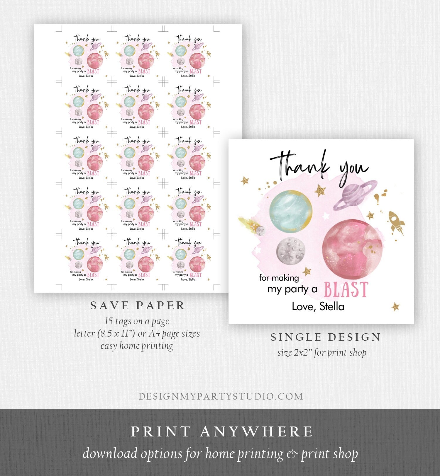 Editable Outer Space Favor Tags Space Birthday Thank you Sticker Galaxy Gift tags Trip Around the Sun Planets Template Corjl PRINTABLE 0357