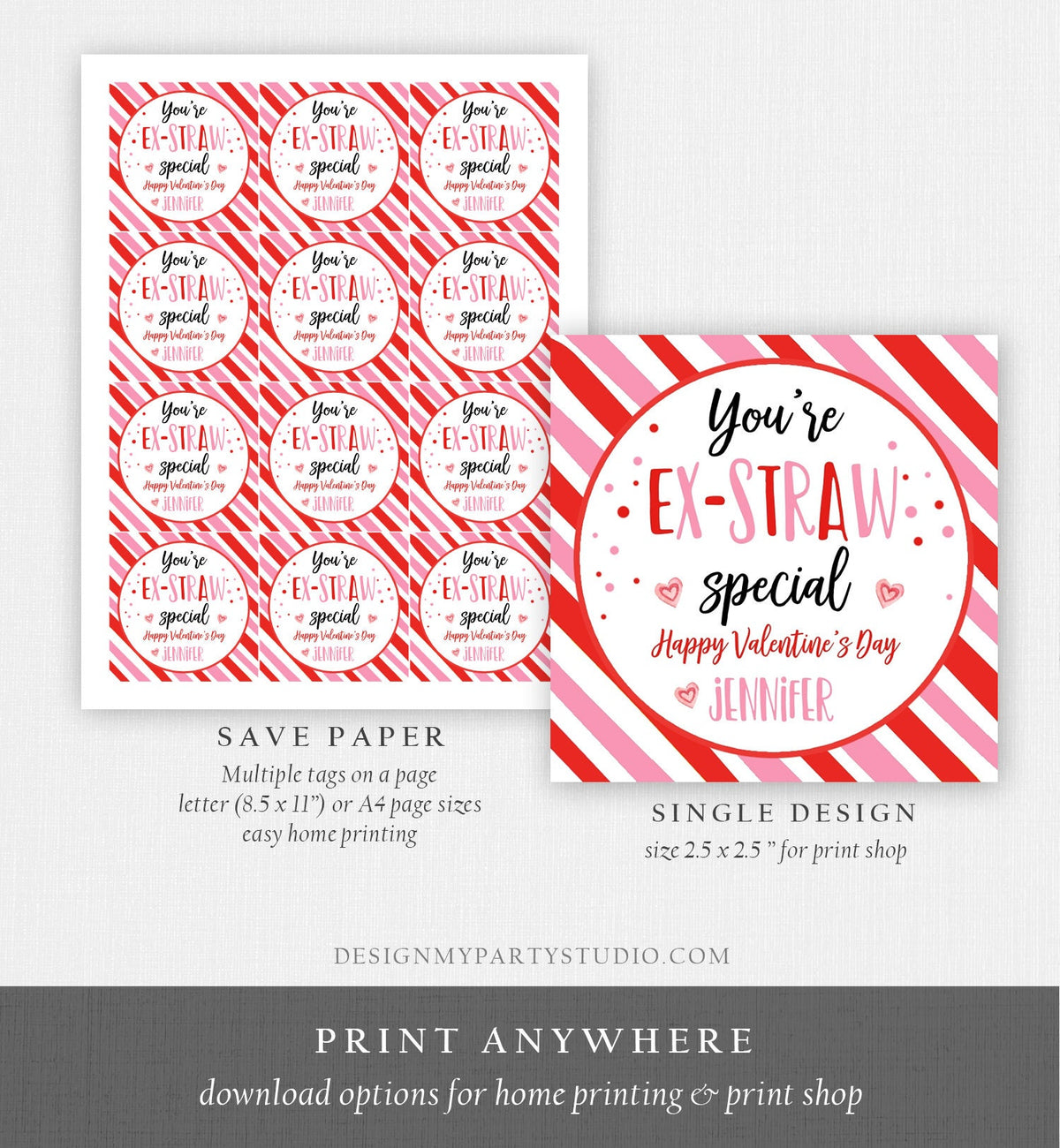 Editable Crazy Straw Tag Valentine Tags You&#39;re Ex-Straw Special Valentine Cards for Kids School Digital Download Template Printable 0370