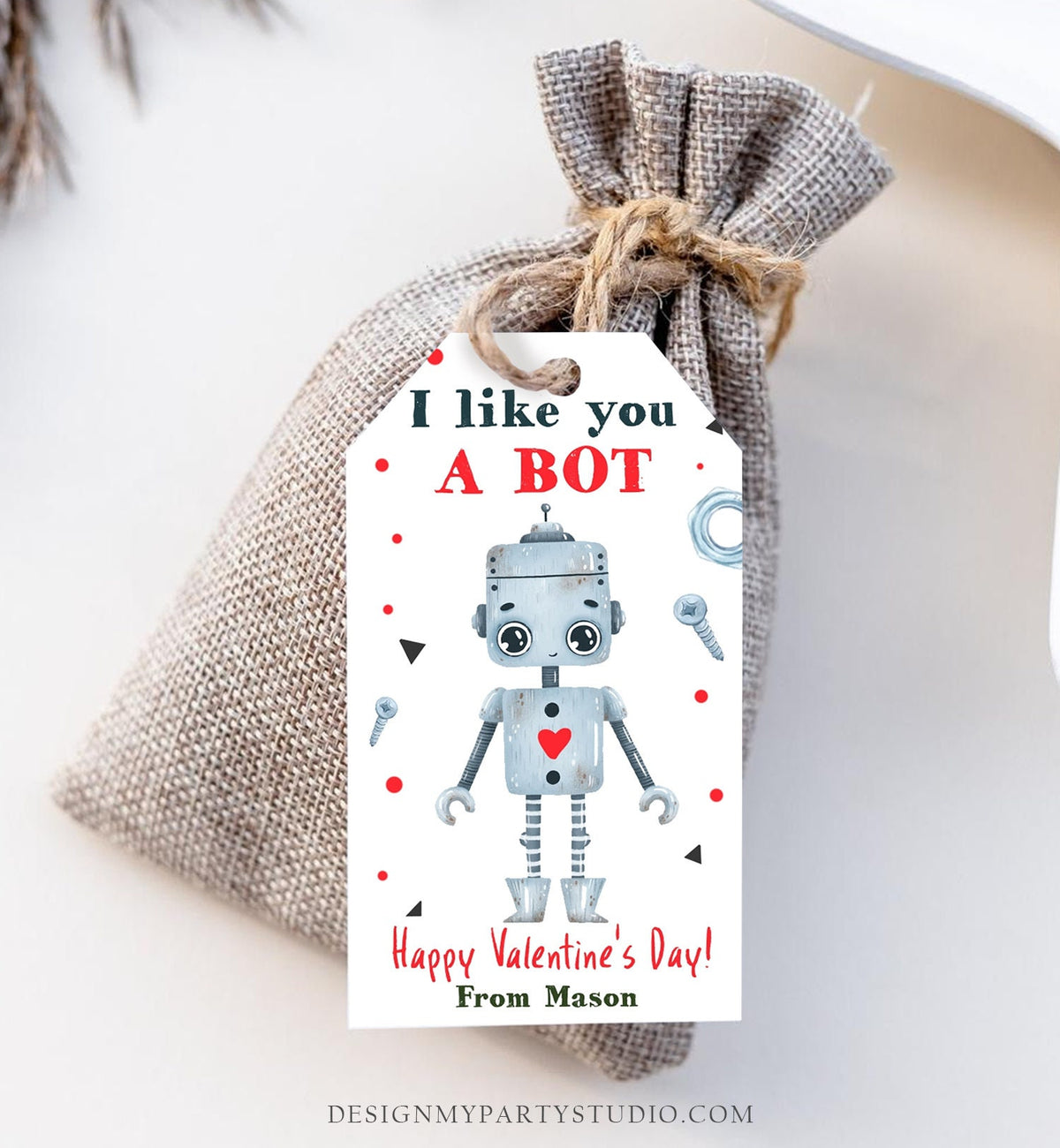 Editable Valentine&#39;s Day Card for Kids Robot Valentines Tag School I Like You A Bot Classroom Digital Download Template Printable 0370