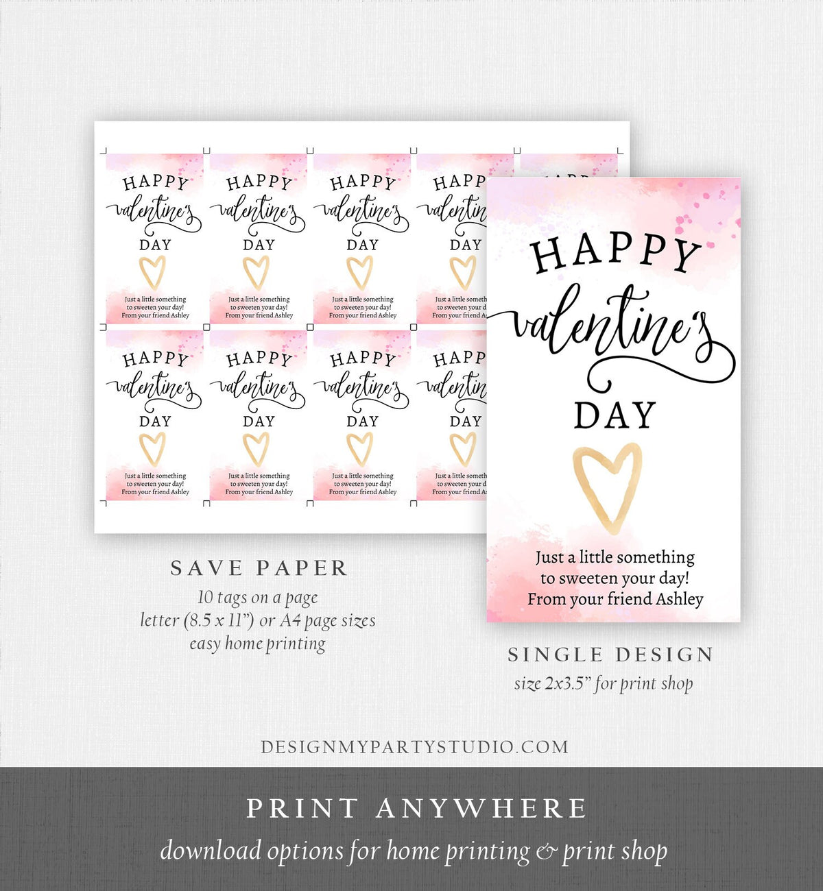 Editable Valentine&#39;s Tags Valentines Day Gift Tags Favor Tags Pink Valentine Cards for Kids Printable Personalized Digital PRINTABLE 0370
