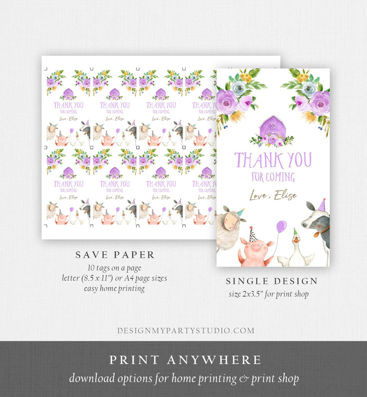 Editable Farm Favor Tags Tags Purple Farm Birthday Thank you tags Barnyard Gift Tag Girl Birthday Old McDonald Template PRINTABLE Corjl 0155
