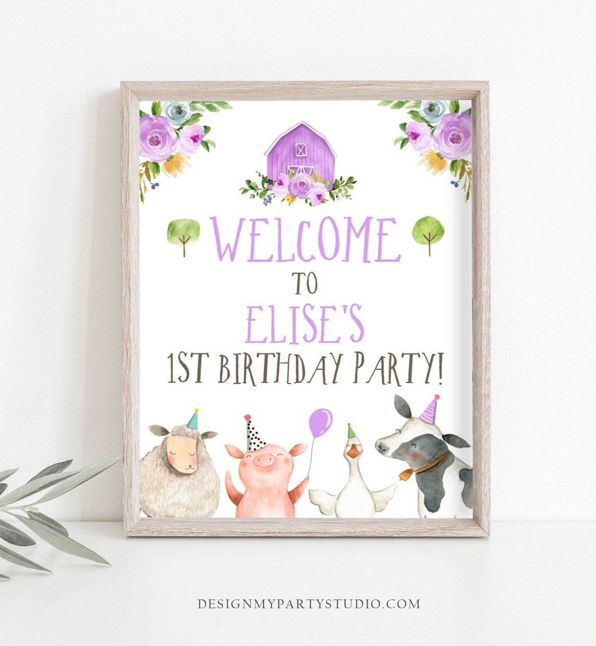 Editable Purple Farm Birthday Welcome Sign Barnyard Birthday Welcome Sign Farm Animals Birthday Welcome Girl Template Corjl PRINTABLE 0155