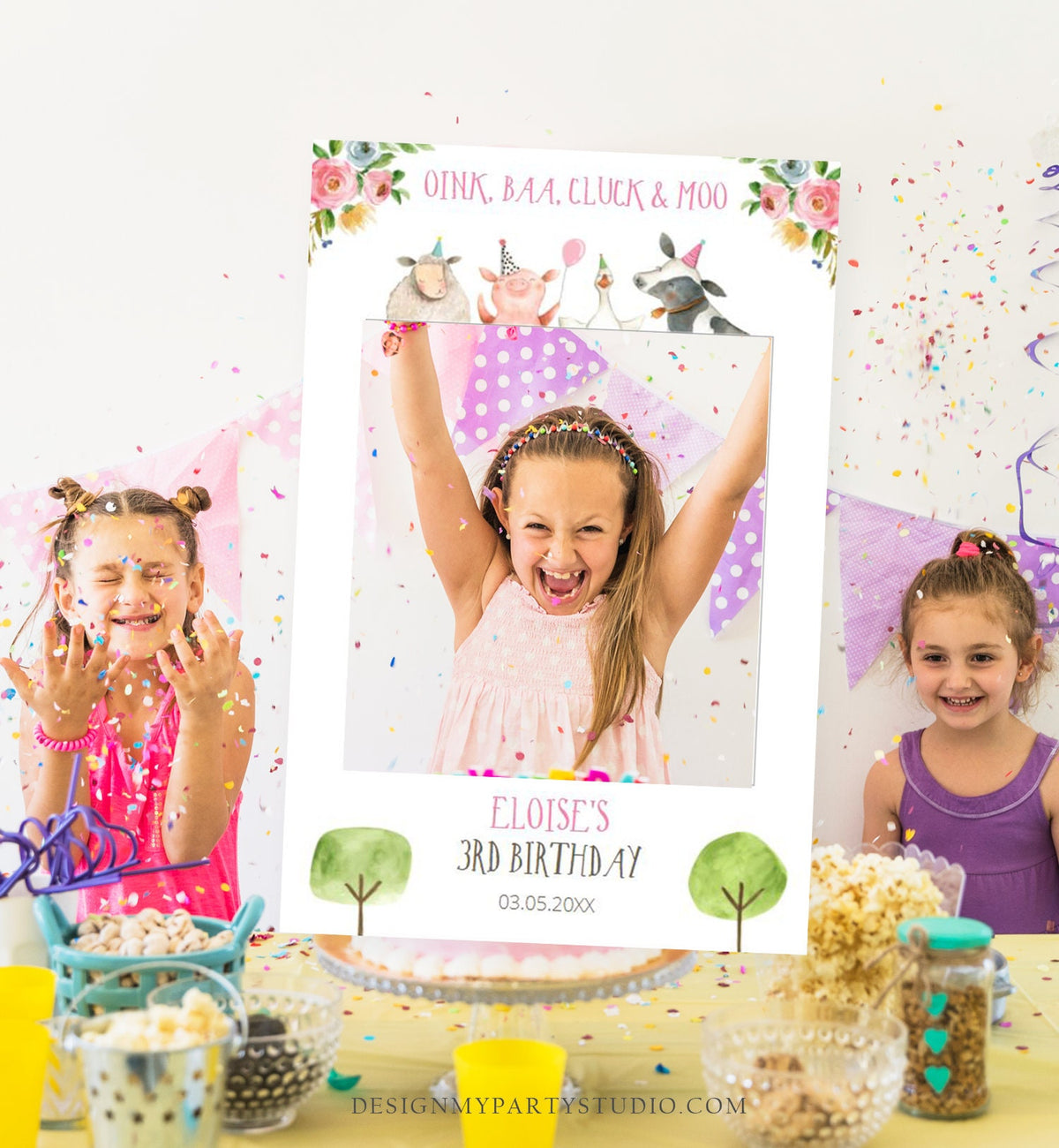 Editable Farm Animals Birthday Photo Prop Frame Barnyard Birthday Pink Girl Party Photo Booth Decor Farm Animals Template Printable 0155