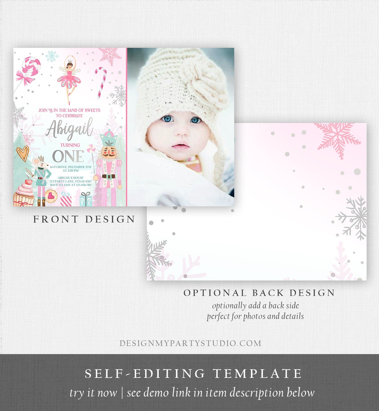 Editable Nutcracker Birthday Invitation Girl Land of Sweets Invite Winter Pink Girl Sugar Plum Fairy Download Printable Template Corjl 0352