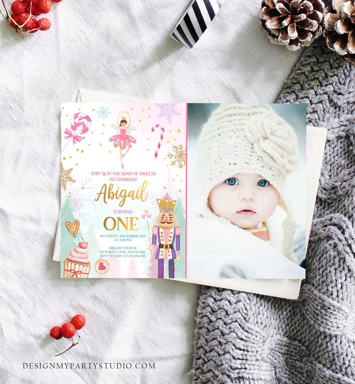 Editable Nutcracker Birthday Invitation Girl Land of Sweets Invite Winter Pink Girl Sugar Plum Fairy Digital Evite Template Printable 0352