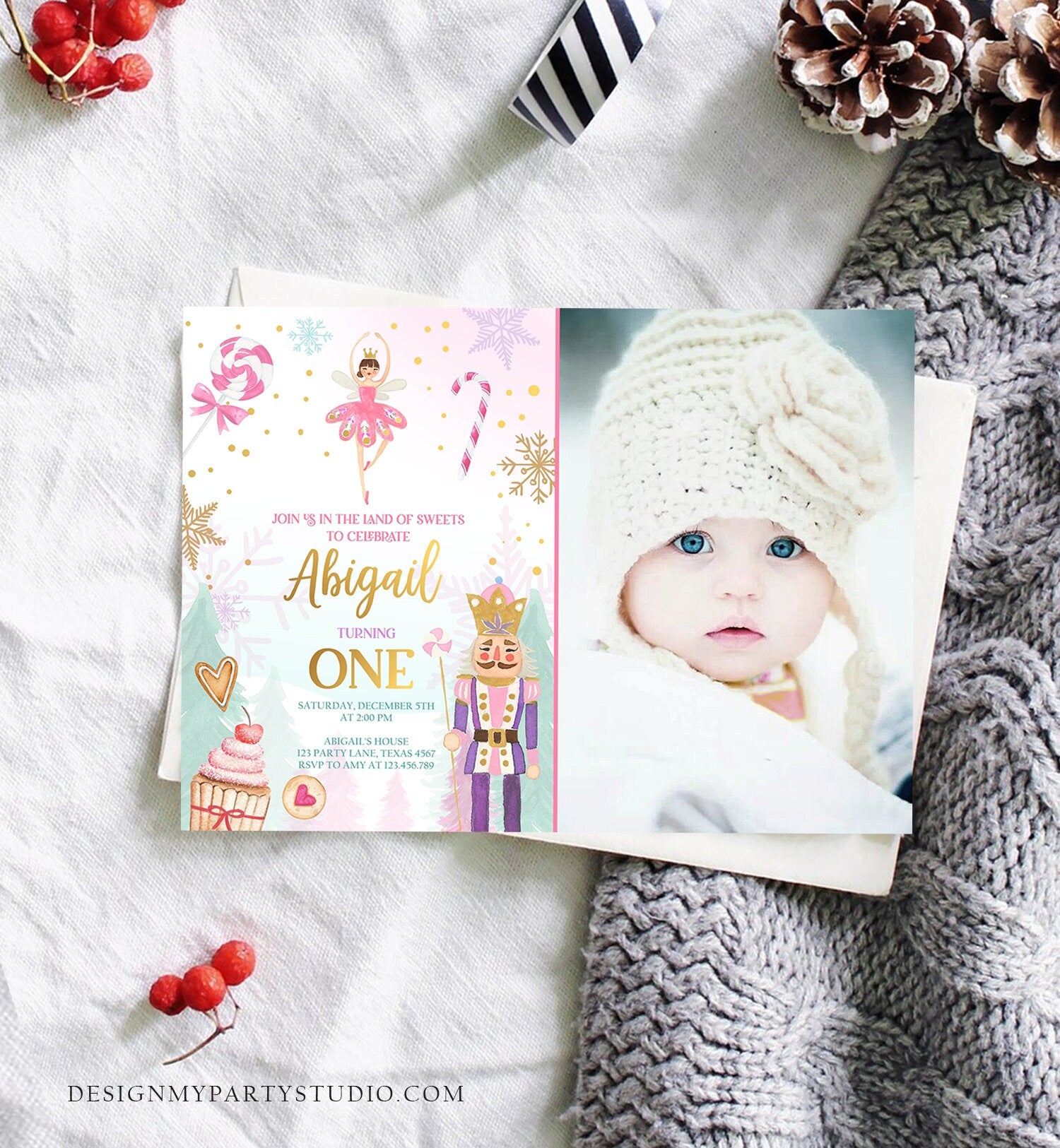Editable Nutcracker Birthday Invitation Girl Land of Sweets Invite Winter Pink Girl Sugar Plum Fairy Digital Evite Template Printable 0352