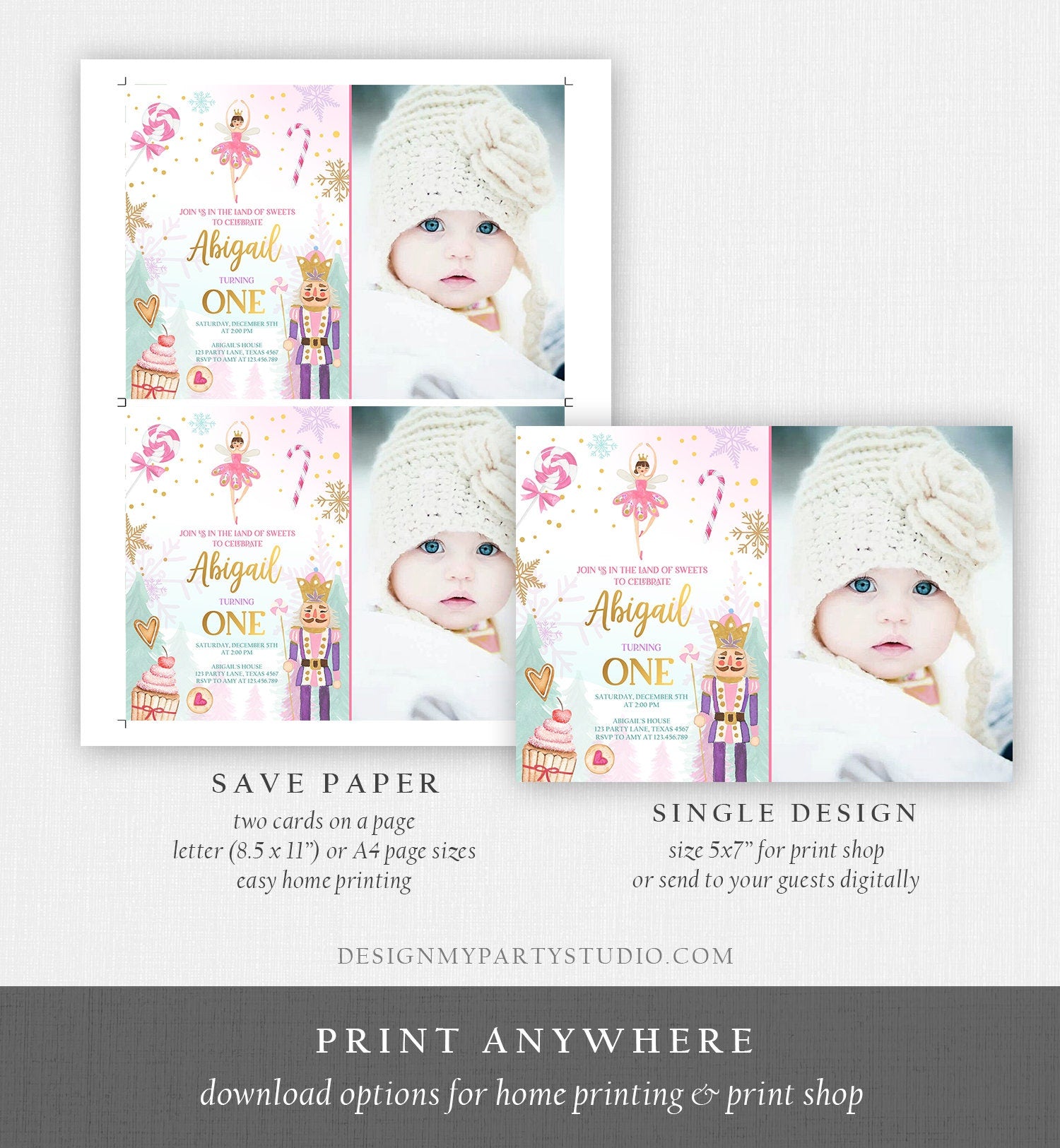 Editable Nutcracker Birthday Invitation Girl Land of Sweets Invite Winter Pink Girl Sugar Plum Fairy Digital Evite Template Printable 0352