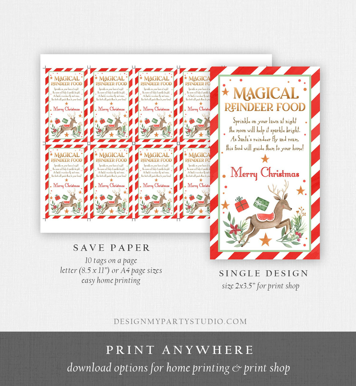 Editable Magical Reindeer Food Favor Tag Christmas Eve Gift Box Gold Glitter Sparkle Bright Lawn Santa Digital Template Printable 0358