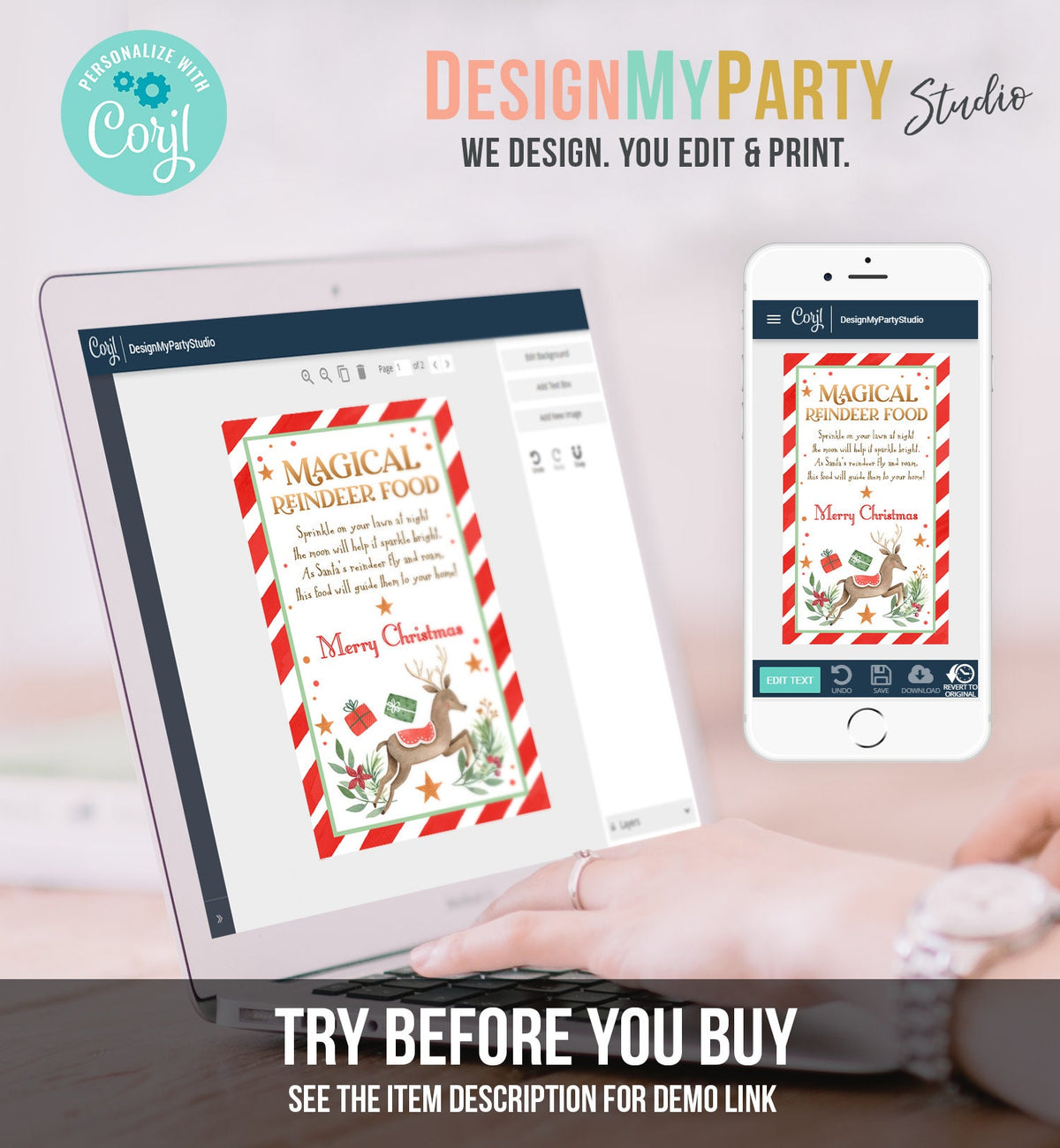 Editable Magical Reindeer Food Favor Tag Christmas Eve Gift Box Gold Glitter Sparkle Bright Lawn Santa Digital Template Printable 0358