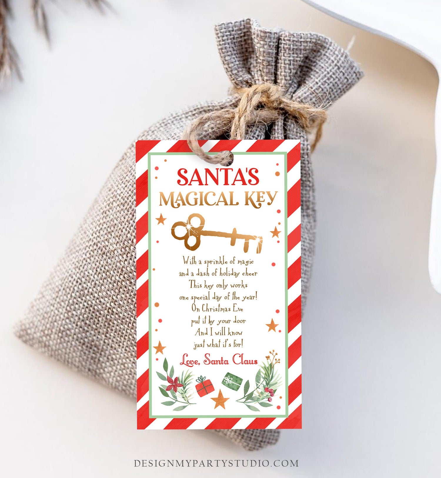 Editable Santa's Magical Key Tag Father Christmas Eve No Chimney Eve Box Gold Glitter Tradition Favor Santa Digital Template Printable 0358