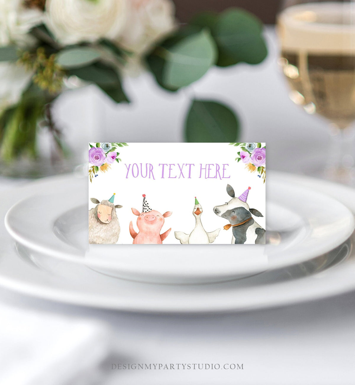 Editable Farm Animals Food Labels Barnyard Birthday Food Cards Tent Card Girl Purple Farm Cow Buffet Label Tent Card Template Printable 0155