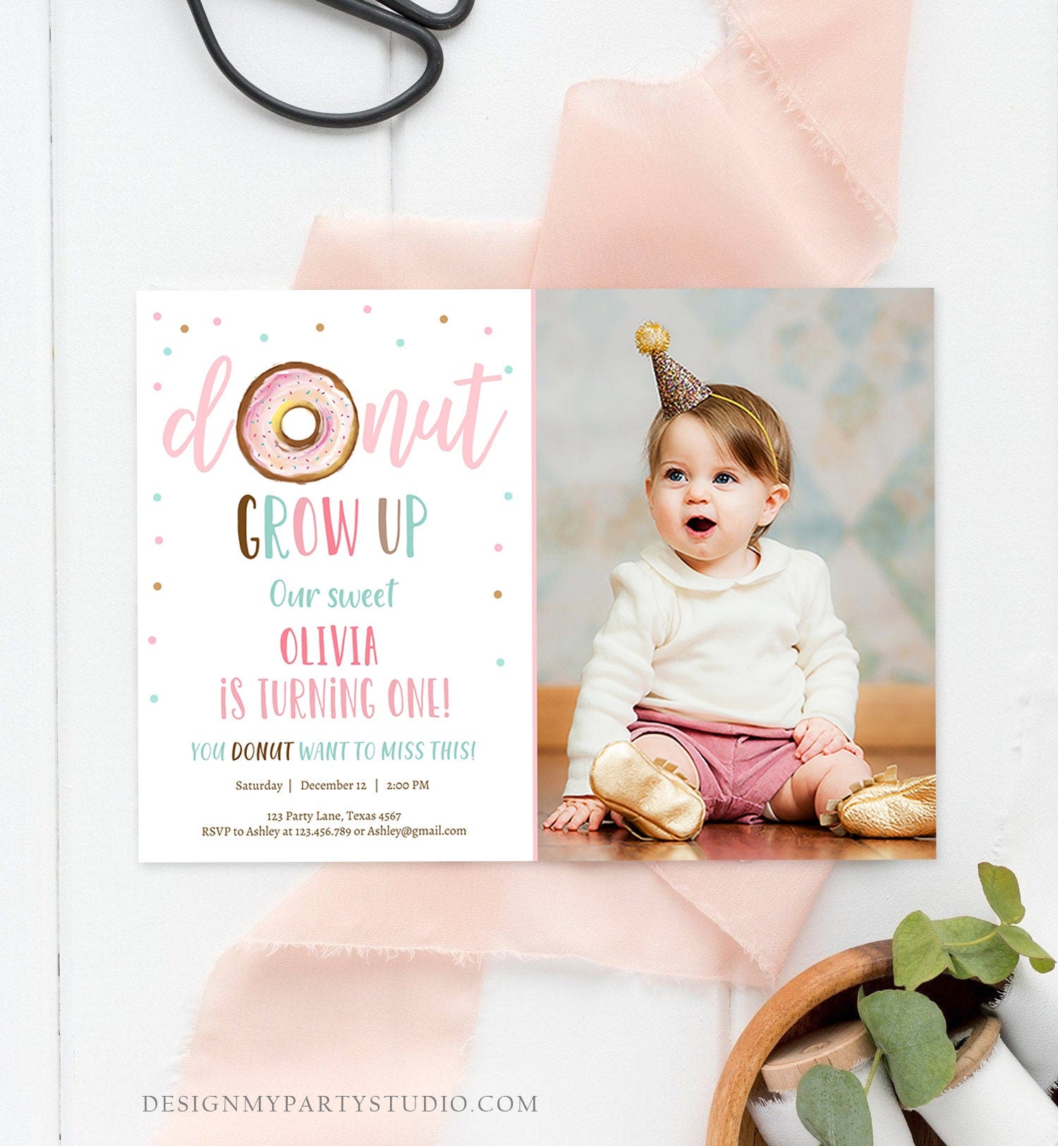 Editable Donut Grow Up Birthday Invitation First Birthday Pink Girl Sweet One Watercolor Digital Download Printable Template Corjl 0368
