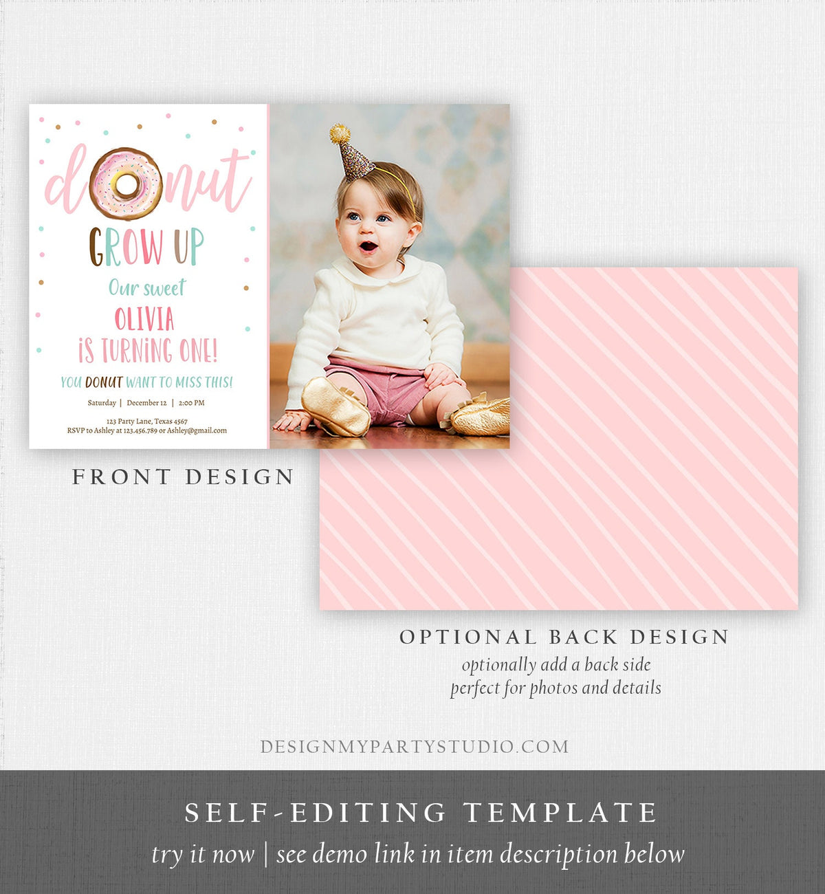 Editable Donut Grow Up Birthday Invitation First Birthday Pink Girl Sweet One Watercolor Digital Download Evite Template Printable 0368