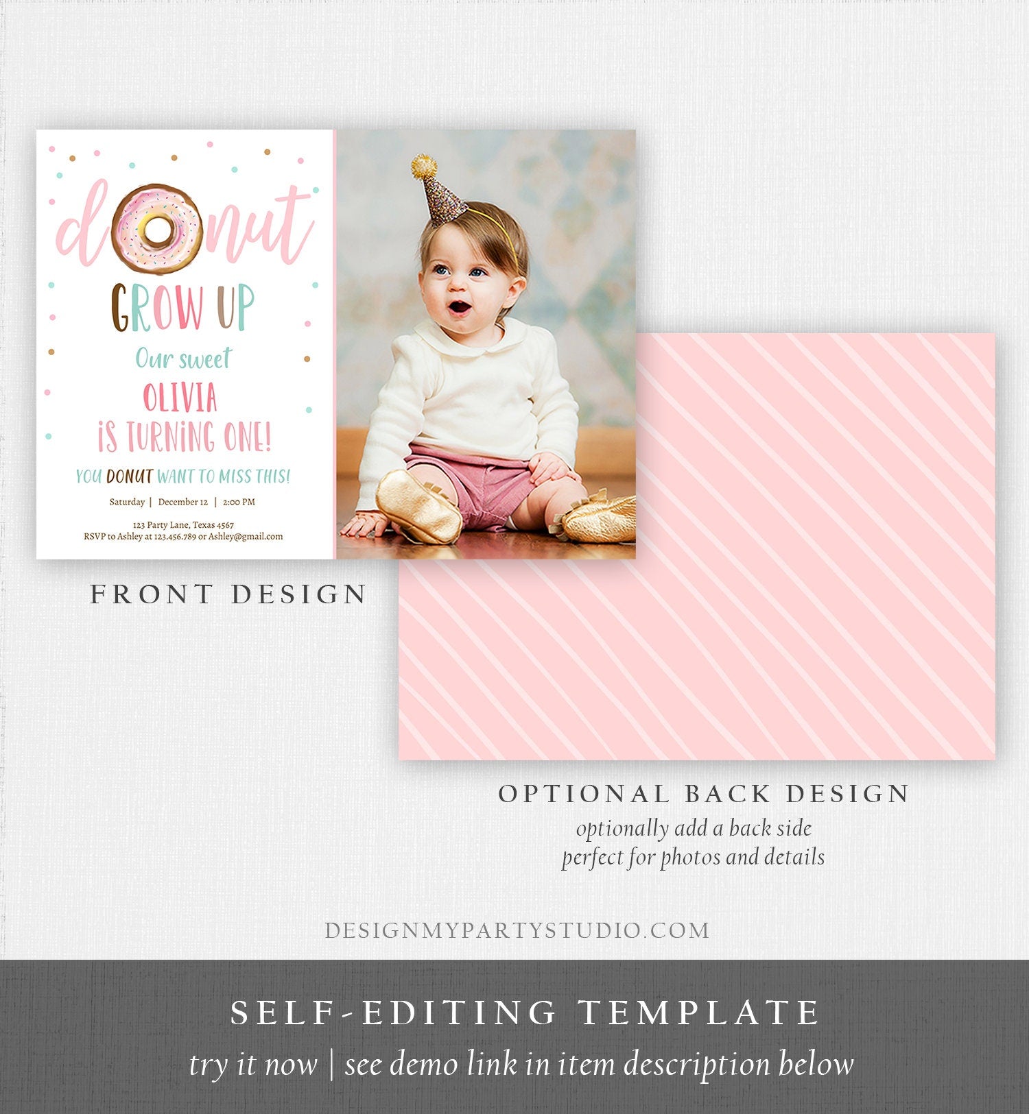 Editable Donut Grow Up Birthday Invitation First Birthday Pink Girl Sweet One Watercolor Digital Download Evite Template Printable 0368