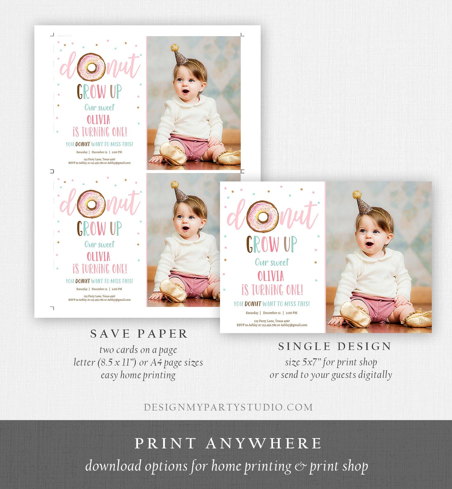 Editable Donut Grow Up Birthday Invitation First Birthday Pink Girl Sweet One Watercolor Digital Download Evite Template Printable 0368