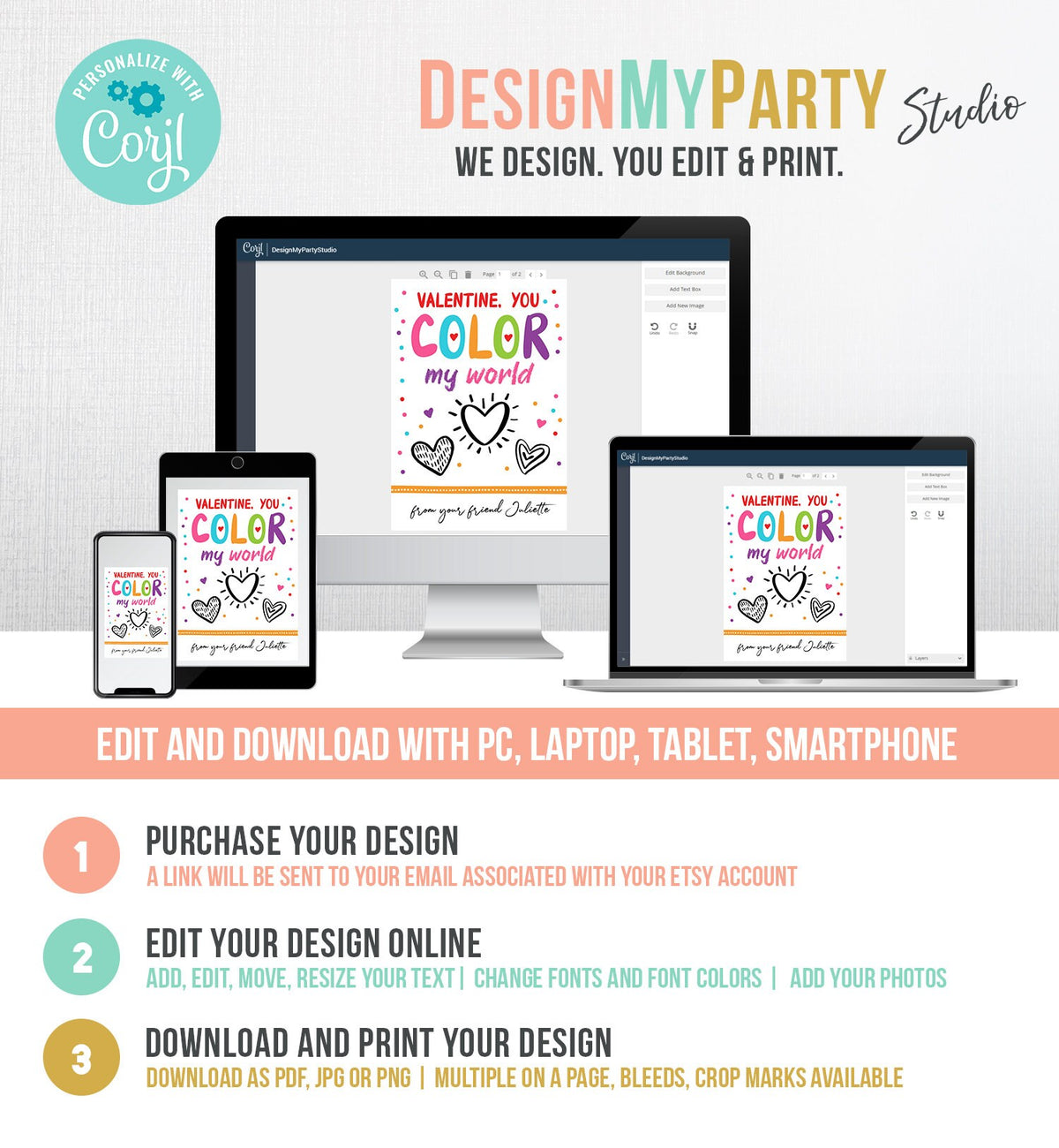 Editable Valentine&#39;s Day Crayon Card You Color My World Valentines Day Card for Kids Coloring Printable Personalized Digital PRINTABLE 0370