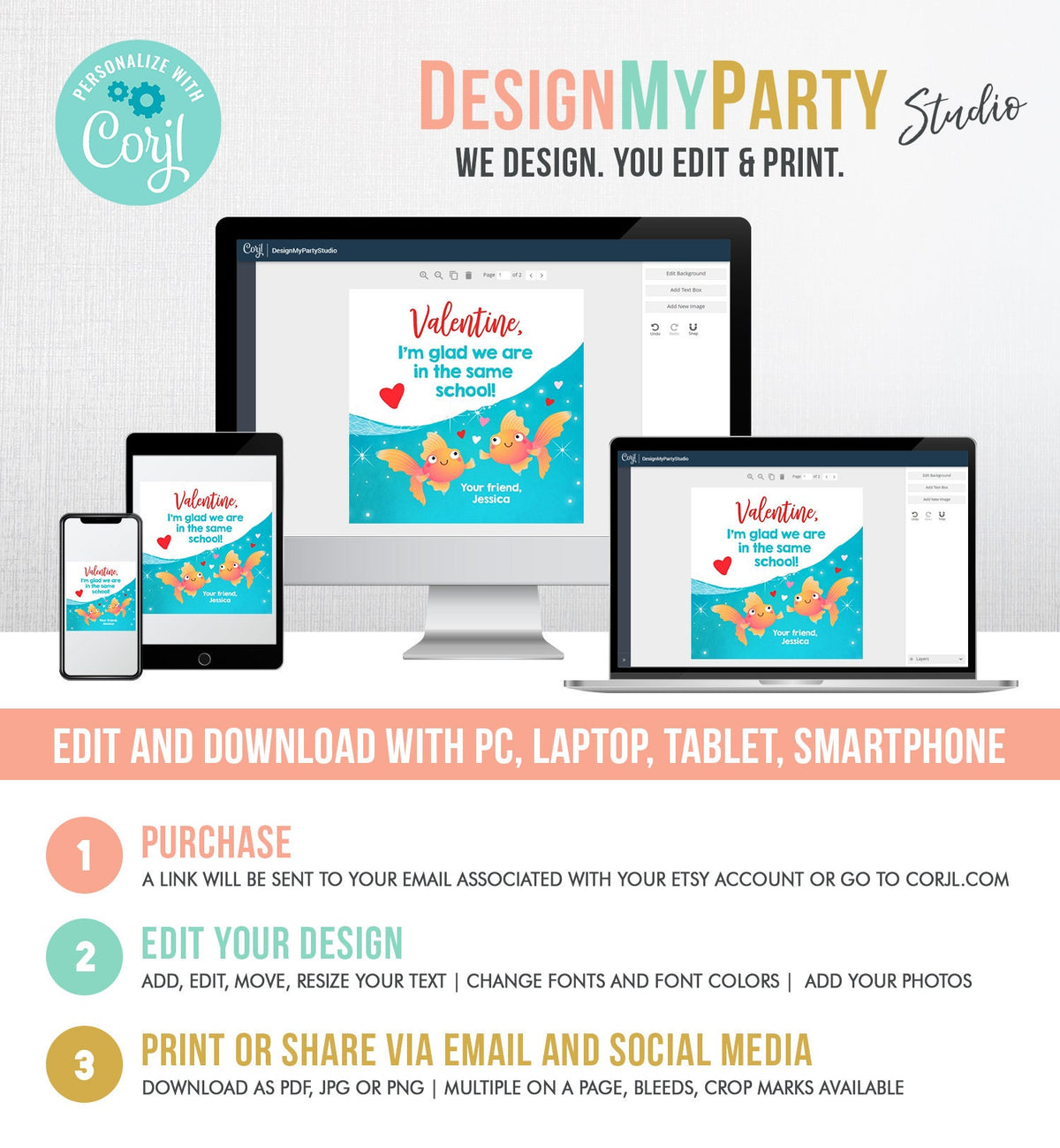 Editable Goldfish Valentine&#39;s Day Tag Glad We&#39;re in the Same School Sticker Preschool Kids Valentine Tag Digital Template Printable 0370