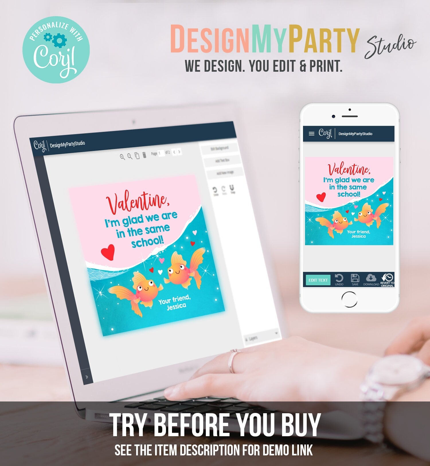 Editable Goldfish Valentine's Day Tag Glad we're in the same School Sticker Preschool Card Kids School Tag Digital Template Printable 0370