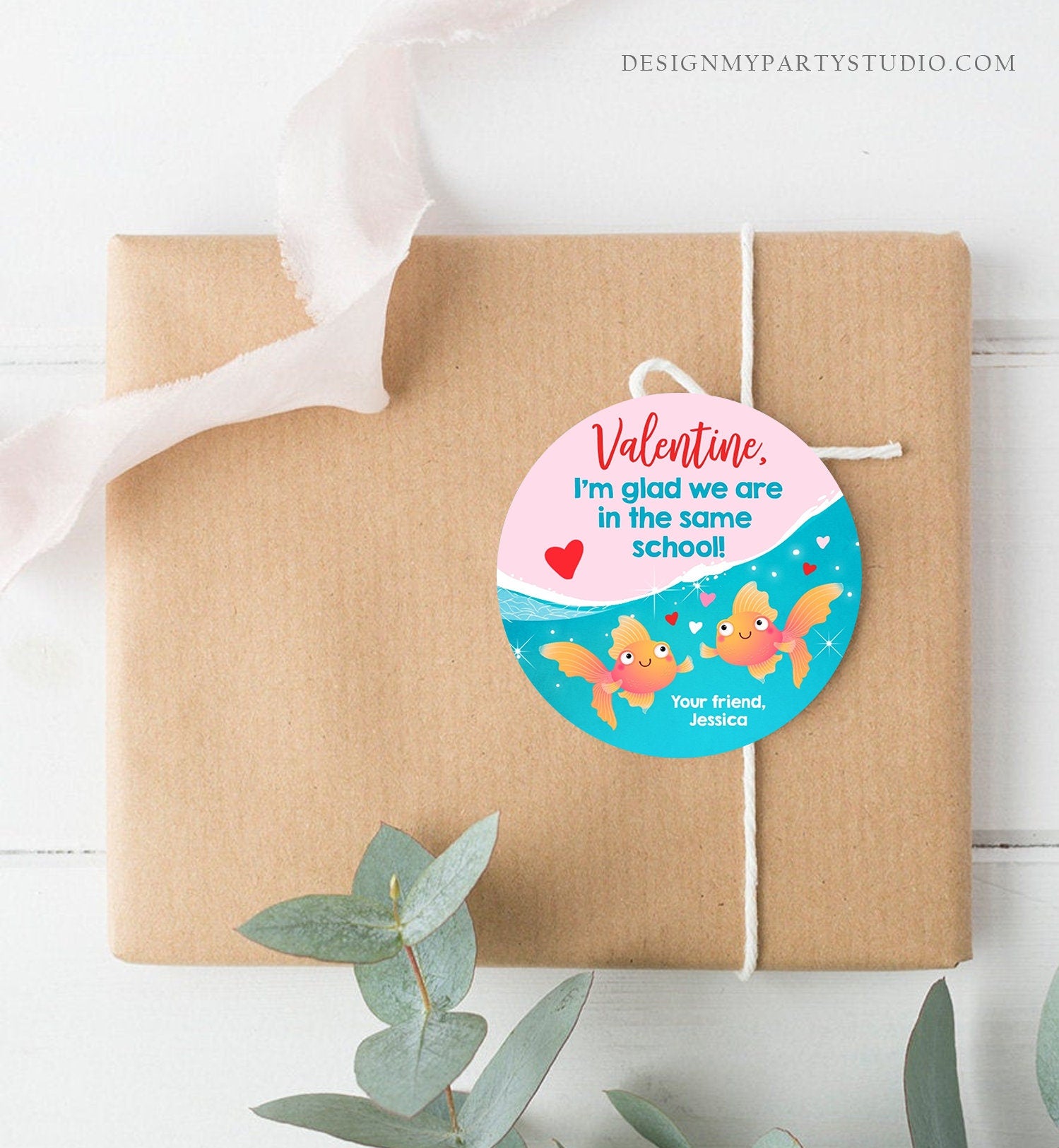 Editable Goldfish Valentine's Day Tag Glad we're in the same School Sticker Preschool Card Kids School Tag Digital Template Printable 0370