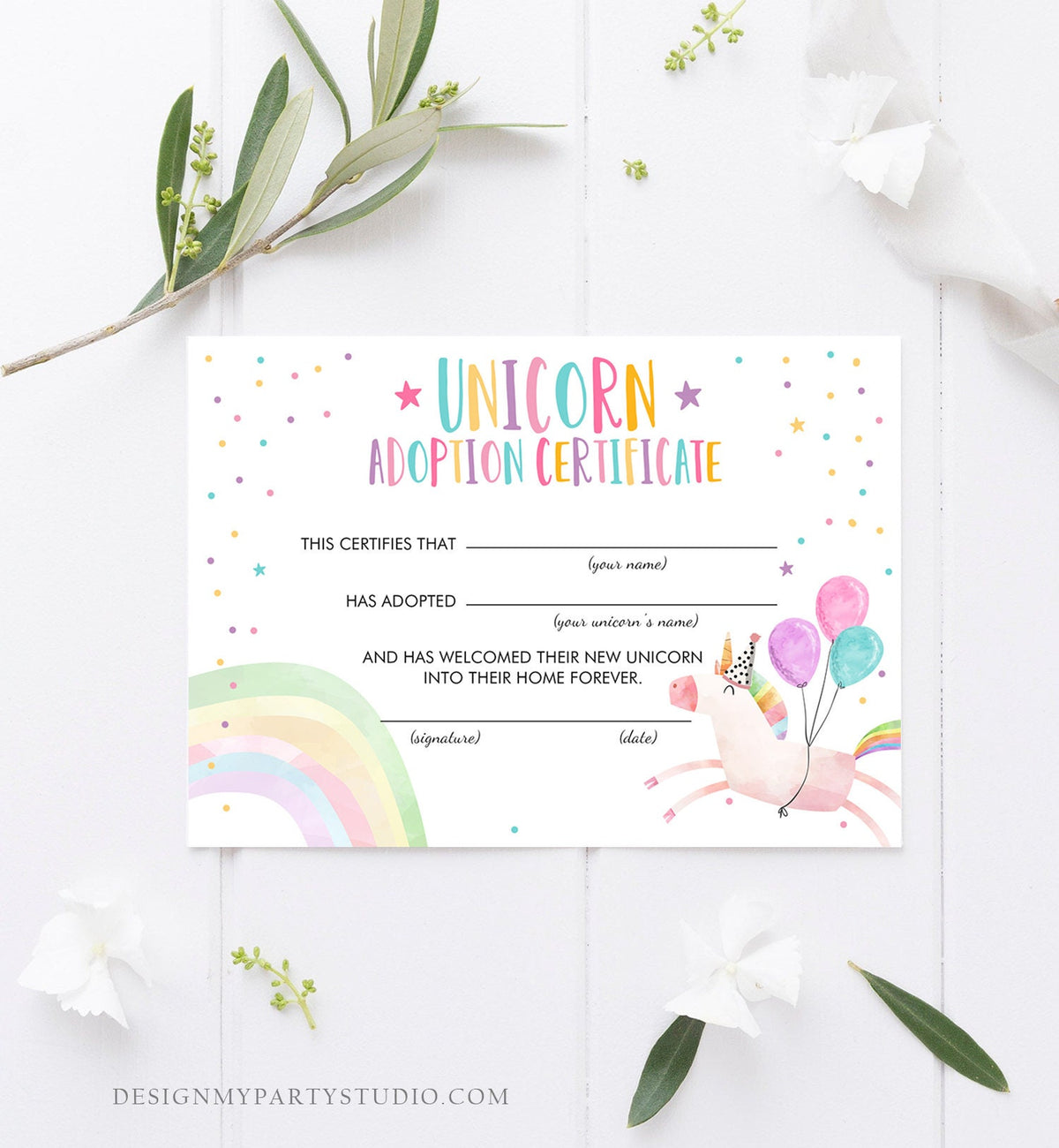 Adopt a Unicorn Certificate Unicorn Adoption Unicorn Birthday Party Magical Birthday Rainbow Girl Instant Download Digital PRINTABLE 0336