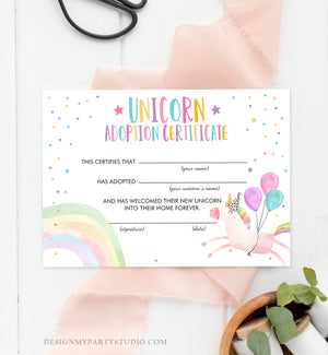 Adopt a Unicorn Certificate Unicorn Adoption Unicorn Birthday Party Magical Birthday Rainbow Girl Instant Download Digital PRINTABLE 0336