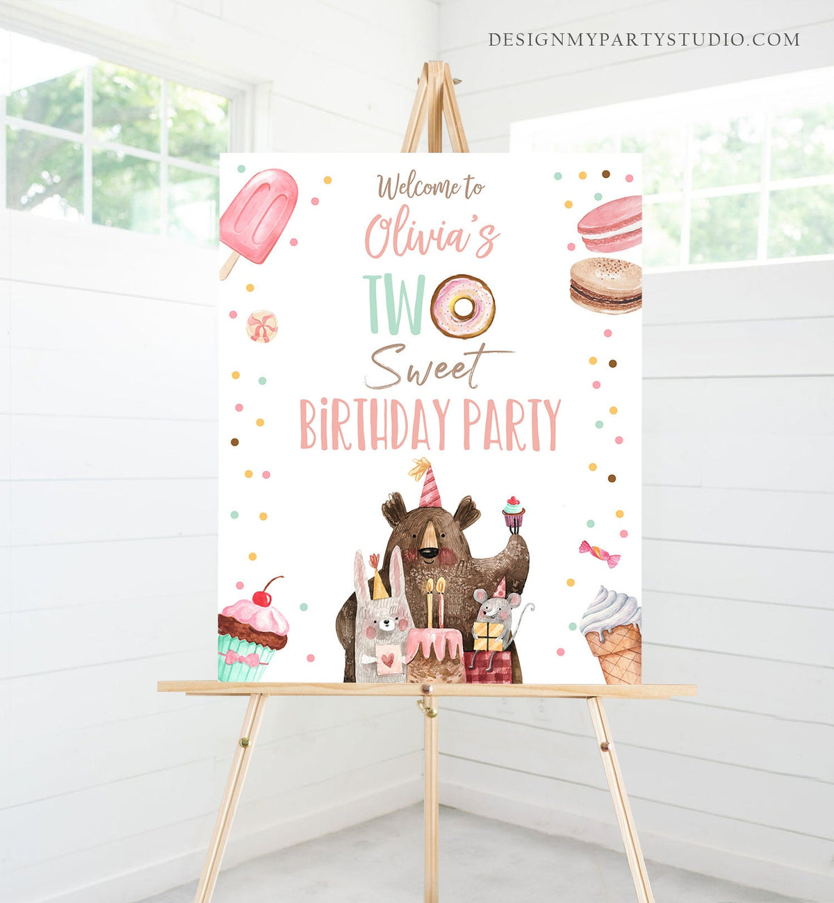 Editable Two Sweet Birthday Welcome Sign Donut Birthday Welcome Girl 2nd Birthday Candy Land Party Animals Digital Template Printable 0373