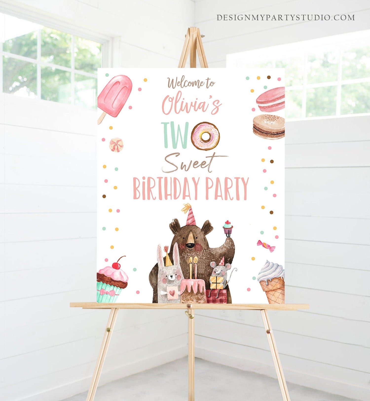 Editable Two Sweet Birthday Welcome Sign Donut Birthday Welcome Girl 2nd Birthday Candy Land Party Animals Digital Template Printable 0373