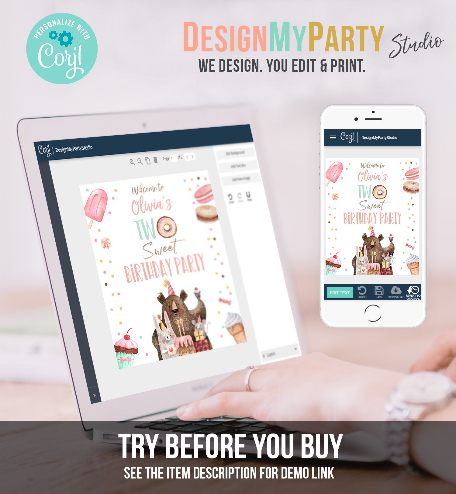 Editable Two Sweet Birthday Welcome Sign Donut Birthday Welcome Girl 2nd Birthday Candy Land Party Animals Digital Template Printable 0373