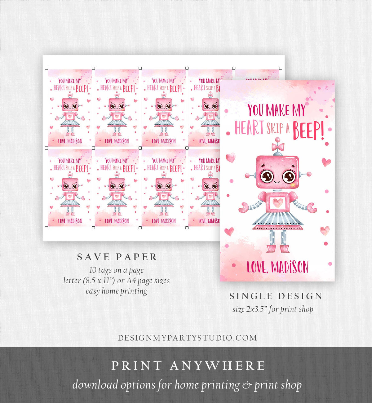 Editable Valentine&#39;s Day Favor Tag Thank You Robot Valentines Tag School You Make My Heart Skip a Beep Non-Candy Printable PRINTABLE 0370