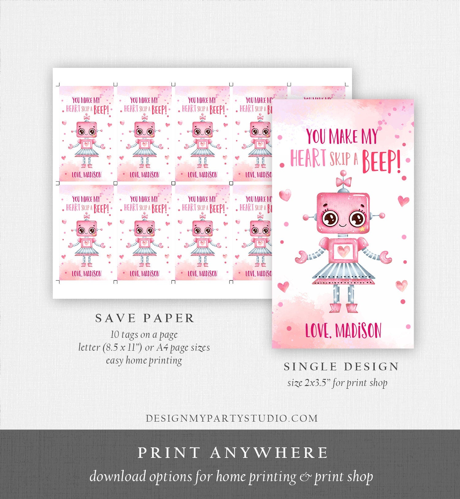 Editable Valentine's Day Favor Tag Thank You Robot Valentines Tag School You Make My Heart Skip a Beep Non-Candy Printable PRINTABLE 0370