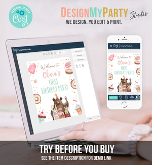 Editable Two Sweet Birthday Welcome Sign Donut Birthday Welcome Girl 2nd Birthday Ice Cream Party Animals Template PRINTABLE Corjl 0373