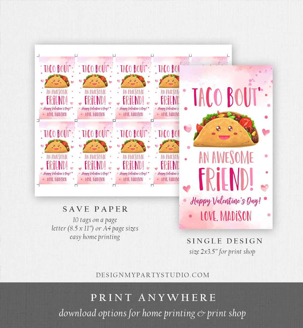 Editable Taco Bout an Awesome Friend Valentine&#39;s Day Favor Tag Thank You Valentines Tag School Non-Candy Printable Digital PRINTABLE 0370