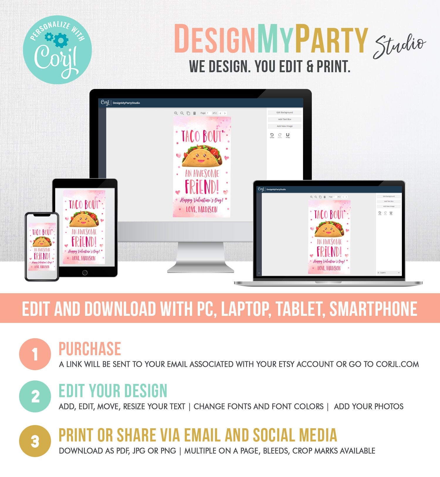 Editable Taco Bout an Awesome Friend Valentine's Day Favor Tag Thank You Valentines Tag School Non-Candy Printable Digital PRINTABLE 0370