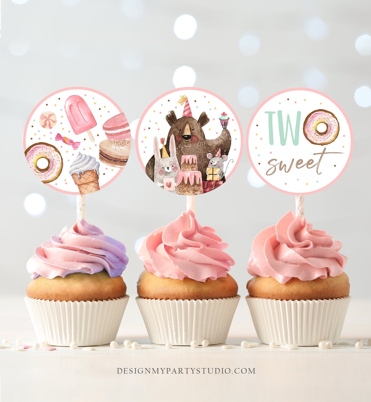 Two Sweet Birthday Cupcake Toppers Second Birthday Sweet celebration Cake Toppers Donut 2nd Birthday Girl Download Digital PRINTABLE 0373