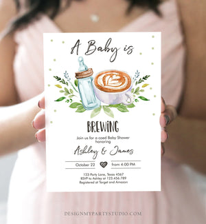 Editable A Baby is Brewing Invitation Bottle and Coffee Baby Shower Coed Couples Gender Neutral Download Printable Template Corjl 0190
